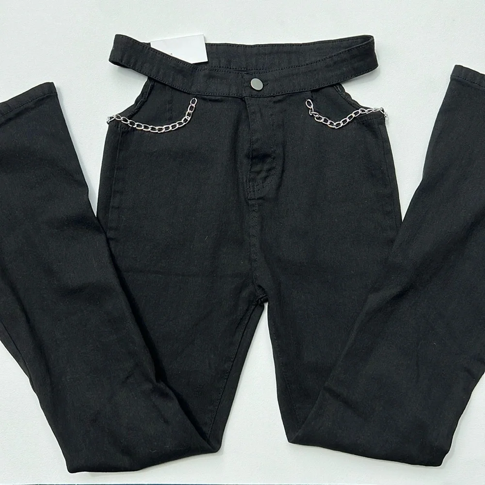 NWT women’s jeans cut out chain flare dark edgy steampunk festival‎ black